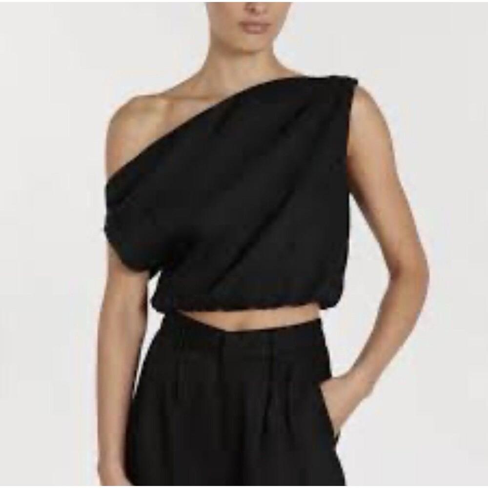 DISSH Cass Black Linen Crop Top Asymmetric One Shoulder Blouse 12 NEW Draped NWT